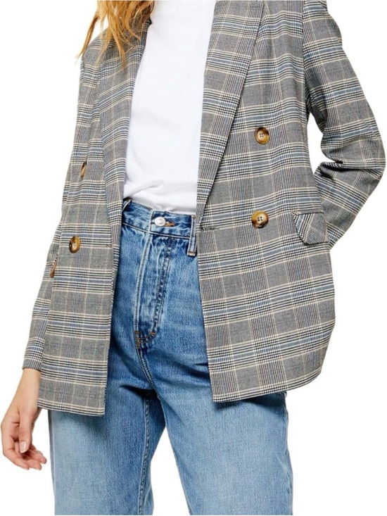 Topshop Jackets & Blazers - Topshop Checked Double-Breasted Blazer Jacket - Gray Plaid